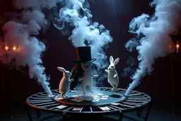 ai magic show presentation wow effect smoke bunnies awesome awesome magician with scary hat on trampoline portal awake within a dream inside a saw blade Alice in wonderland and cards