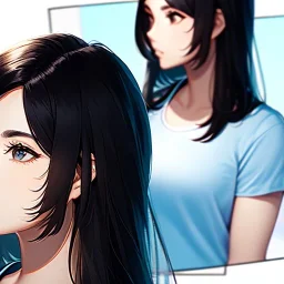 black haired woman, casual clotting, realistic, HD4k, watery cloud background, close up shot,