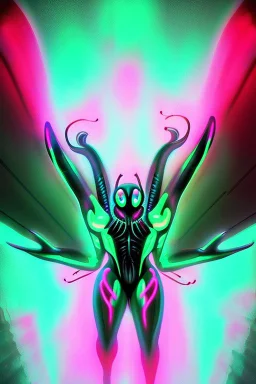 Alien Mothman, fluorescent, bright, neon, hyperreal