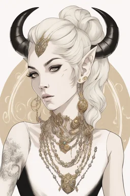 A young tiefling woman with a set of ram horns on her head encrusted with jewels, White-Blonde, short hair, black eyes, dressed in white and gold with lots of jewelry, beautiful, satanic tattoos on her neck,