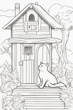 blank colouring book, white blank background, simple picture for toddlers, cat house with no cat inside, disney and pixar style