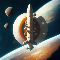 large tube-shaped Spacestation above a planet with spaceship docking