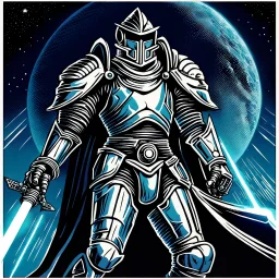 90's retro fantasy art of a heroic space knight with laser sword