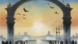 A smoky heat was steaming over the lively gulf at dawn, with birds flying overhead; below, a shining arch depicted a current, and a crowd including a White male, Black male, and Asian female was ready to cross.