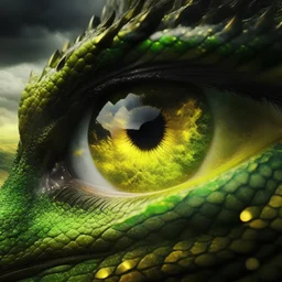 Close-up Gorgeous green yellow dragon eye reflecting dark clouds
