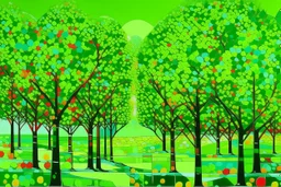 A lime green geometric forest with apple trees painted by Andy Warhol