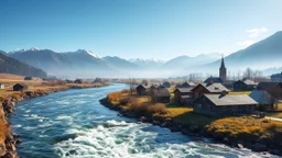 Looking across a fast-flowing dangerous river to a village of new wooden houses, school, church and farm buildings, and mountains in the far distance, highly detailed, realistic, sunshine, award-winning photo