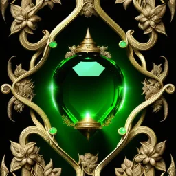 Emerald with word "S" with ornate floral and botanical details, Glass, caustics, magic, intricate, high details