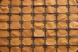 canvas background covered with a grid of many rectangular weathered faded tan leather patches that are each stitched (brown) and nailed (brass) around the edges