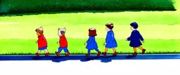 illustrated children walking in a line, in the style of original whinnie-the-pooh