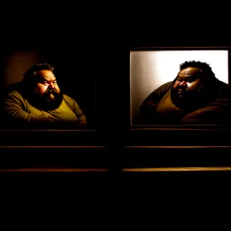 (fineart:1.5, masterpiece1.5) (realism:1.5) award winning picture of award winning fat, beardedd, 'fat man' (watching tv:1.8), tv in frame , two panels, the first panel is taken from the pov of the tv, it looks out and sees a vision of decay, back lit with a cold color pallete, the only vibrant color we see is the aloe vera plant on his bookshelf. the other 50 pefect is from the point of view of 'fat man', his vision streaks of blue from the tv shining in his eyes, breaking news is on tv