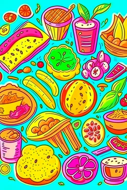 SIMPLE COLORED DRAW OF FOOD AND SNACKS , CARTOON STYLE, LOW DETAILS, THICK LINES