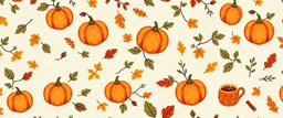 Charming tiny autumn seamless pattern featuring miniature pumpkins, leaves, and cozy fall elements like tiny mugs of steaming tea and cinnamon sticks. The color palette is warm and earthy, with shades of pumpkin spice, caramel, and muted olive green. The background is a soft beige linen texture, creating a rustic and homey feel. Perfect for wallpaper, digital backgrounds, and stationery.