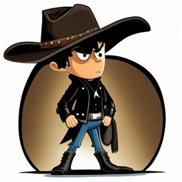 Caricatura de un hombre con sombrero vaquero de aleron grande negro cara levantada cuerpo completo