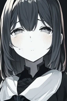 emotionless, numb, black and white, anime girl portrait with dark black background