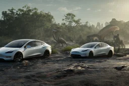 A Tesla's 'Model 3' is parked, on the 'Jurassic Park' island. CINEMATIC. WIDE ANGLE LENS. PHOTO REAL.