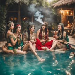 Elvish harem women smoking hookah in a pool