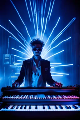 French cool synth player, he is called "Jean-Maurice Brûlée" performing at dance club, his name is "Jean-Maurice Brûlée" , white and blue Neon lights and smog, and "URANIUM" big sign on the wall, he is playing on synthesizers on stage with lot of laser beams and wearing black sunglasses