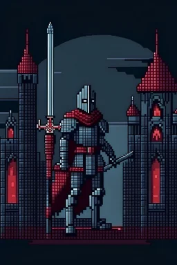 create a pixel art of a knight with a sword in blood in the style of dark fantasy, against the background of which a dark castle will dominate