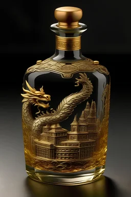 una bottiglia di vetro, con disegno imperiale, di amaro "Grifone" con sfondo di città