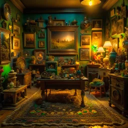 Diorama of old stuff in a room, sharp focus, 8k, 3d, very detailed, volumetric light, grim, fine art, very colorful, ornate, 35mm, F/2.8, insanely detailed and intricate, hypermaximalist, super detailed, decadent