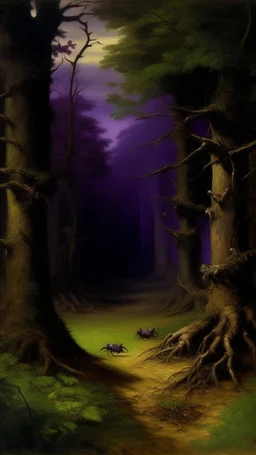 A dark purple forest with portals and noxious beetles painted by Gustave Courbet