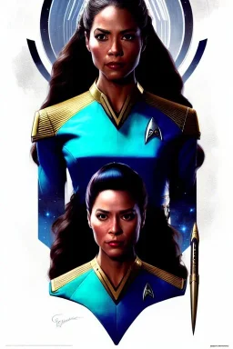 hiper realista, hiper detalhado, retrato de corpo inteiro, no estilo star trek, de uma mulher jovem incrivelmente bonita, símbolo da federação perfeitamente desenhado, cabelos longos , arte de greg rutkowski, artgerm, wlop, rossdraws, boris vallejo