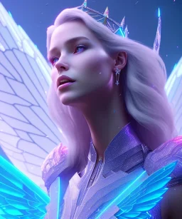 A crystalised queen, atmospheric, realistic, unreal engine, cinematic lighting, octane render. blue, pink, transparency, light, shine,bright, full body, transparent wings, blonde, long hair, nice smile