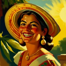 mexican woman smiling turning around looking into camera neoclassism painting sun frieda kalho