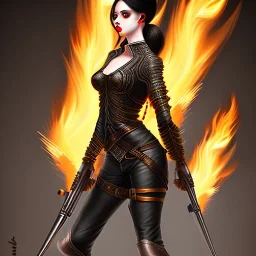 black hair lady hunter short top with fire