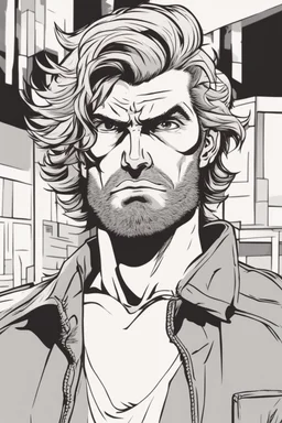 man with scruffy hair, stubble and a disgusted judging facial expression comic book style