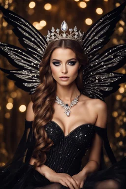 Gorgeous Real Photography Beautiful Super Model European woman dressing luxury Beautiful Lady Fairy with black wings,diamonds jewelry,wonderland background