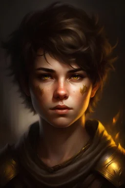 Ein Fantasy Porträt von einem Kämpfer mit kurzen, braunen Haaren und goldenen Augen. Er hat ein eckiges Gesicht