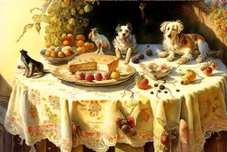 Cake with fruits on a lace tablecloth on a kitchen table, oil on canvas, watercolor and ink, dogs, Jean Baptiste Monge, Jacek Yerka in sunshine