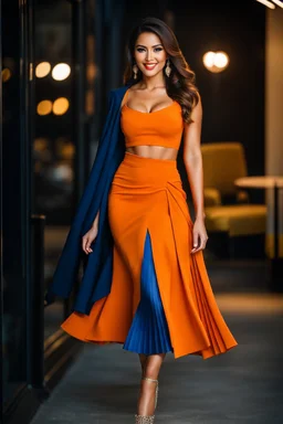 fullbody shot of young-beautiful-ozbek-with-a-perfect-face-with-make-up-wearing-orange top and midi pleated blue skirt standing , prophesional photography lighting