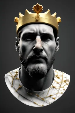 Ultra Realistic image, Roman sculpture, white marble material, Lionel Messi, gold crown of natural thorns, god crown, gold veins, gold ornaments, Renaissance style, sun rays background, waist up portrait, epic, celestial, cinematic lighting, God lights, 4k resolution, smooth details, soft lighting, unreal engine 5, art station, substance 3d.