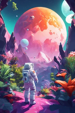 (((close midshot))), (((low poly art:2))), (astronaut), ultra detailed illustration of an environment on a dangerous:1.2 exotic planet with plants and wild (animals:1.5), (vast open world), astroneer inspired, highest quality, no lines, no outlines candid photography. by Lekrot