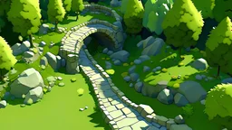 fantasy environment view from above, a road going across the screen, summer daylight, a hobbit hole on the right near the road blocky 3D low poly cartoon render style
