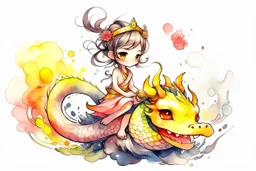 a cute anime chibi princess sitting on a wild chinese dragon and dynamically riding it, melting watercolor and black ink outlines on wet paper, soft, shading strokes, in sunshine, ethereal, otherwordly, cinematic postprocessing, bokeh, dof