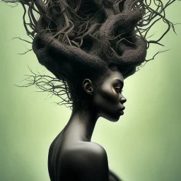 Painting .the face of A young black woman. A wood nymph emerging from the forest. Her hair looks like vines. Dreadlocs. Her skin is the colour of dark soil. Her skin looks like tree bark. Her clothing is made of vines, grass and leaves.