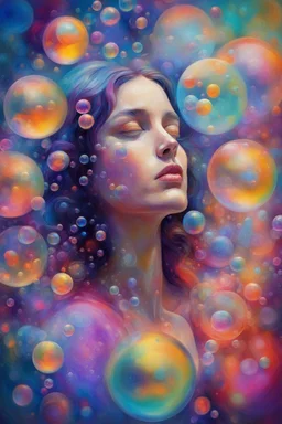 woman in a world of bubbles, colorful, painterly, like a painting, mystical, wonder, mysterious, psychedelic art