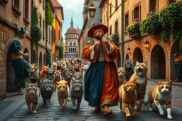 "The Cat Pied Piper of Hamelin, dressed in flowing, colorful Renaissance garments, playing a magical flute, followed by a majestic parade of cats in all sizes and colors, walking in perfect harmony along old cobblestone streets, Renaissance buildings with ivy, curious townsfolk leaning out of balconies with astonished faces, golden-hour lighting, high fantasy, highly detailed, 8K, hyper-realistic, magical realism --v 7 --ar 21:9 --style raw --q 2"