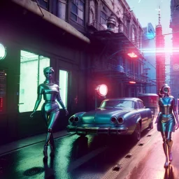 Ultra Realistic scene, retro futuristic style, 1960 fashion sci-fi. 2 cyber Women, shopping, smile, happy. Clean city, highly detailed, concept art, unreal engine 5, ray tracing, RTX, lumen lighting, ultra detail, volumetric lighting, 3d, finely drawn, high definition, high resolution.