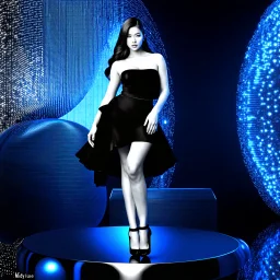 a beautiful black and white art picture of fashion model lady posing with cute and with high heels,midy skirt, pretty stage made of metallic blue-gray teme 3d recursive cubic and sphere base structures and the scene is in color,makeup curvy long hair.