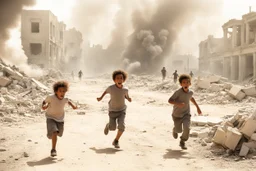 children running from bombs in a ruined city in Palestina, smoke and fire and explosions