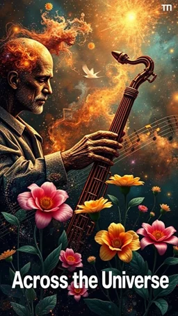 jazz music fusion with scientific details and universal background with musical notes like flowers with text “Across the Universe “
