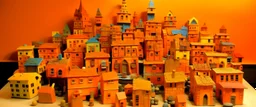 An orange colored town made out of toys painted by Paul Klee