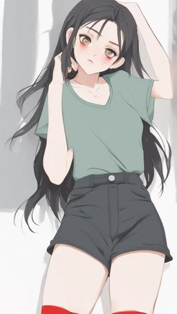 generate a full-length girl with gray-green sad eyes, with dark hair above the shoulders, a round face, not very plump lips, in a black T-shirt with a red print, short shorts, blue socks