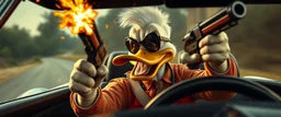 Donald master mafia boss holding up some weird twisted shot guns, fikk noe av stoffet til å detonere ved ett uhell. Når Donalditt brukes som drivstoff, utløser det vanvittige krefter. In the style of Rembrandt and Fallout 4, Donald in a fast car. Background blur. Movie poster. Wild look.Mad mad and furiosa as ducks.