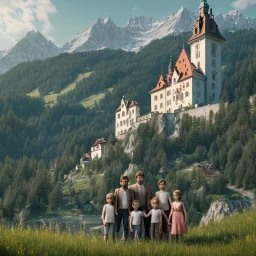 austrian Family posing in front of an Austrian castle, Alps, 8k, HD, cinematography, photorealistic, Cinematic, Color Grading, Ultra-Wide Angle, Depth of Field, hyper-detailed, beautifully color-coded, insane details, intricate details, beautifully color graded, Cinematic, Color Grading, Editorial Photography, Depth of Field, DOF, Tilt Blur, White Balance, 32k, Super-Resolution, Megapixel, ProPhoto RGB, VR, Halfrear Lighting, Backlight, Natural Lighting, Incandes